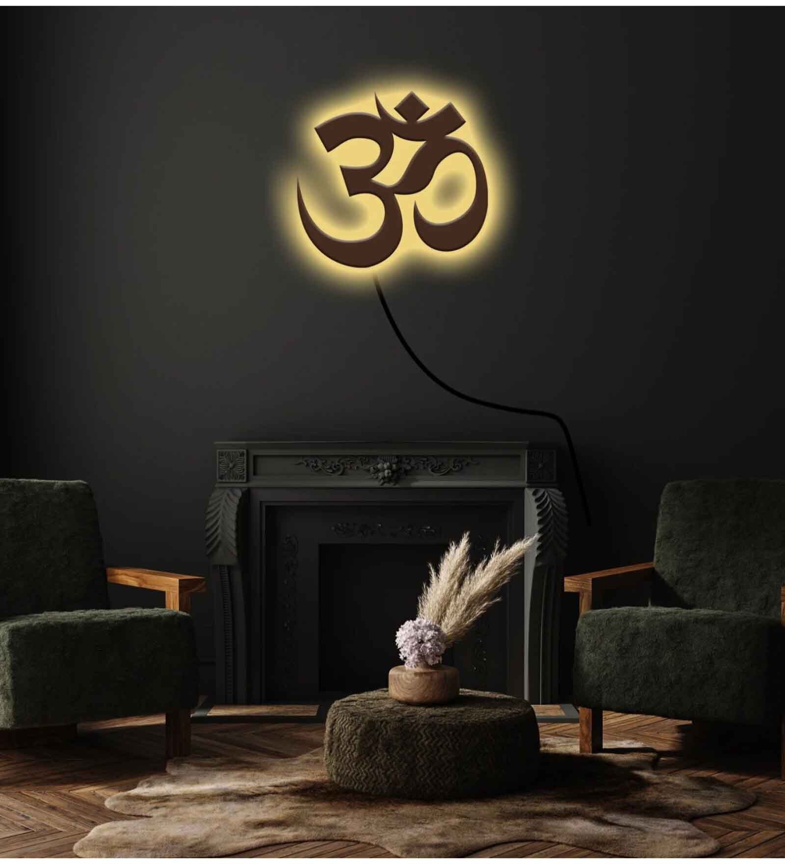 Om Symbol Medium Brown Engineered Wood Wall Art With LED Light