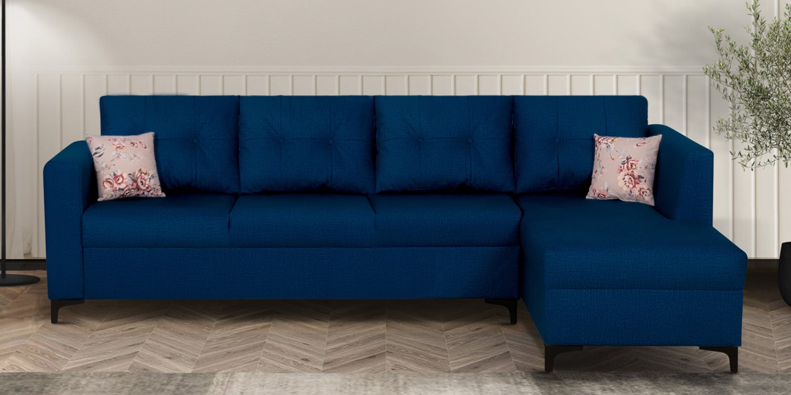 Omega Velvet LHS Sectional Sofa In Blue Colour