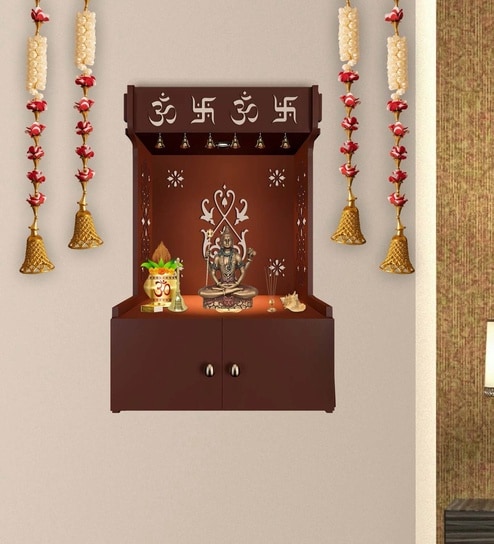 OM Swastika Symbol of Hindu Religious Brown Wooden Wall Temple for Home With Inbuilt focus Lights & Spacious Shelf