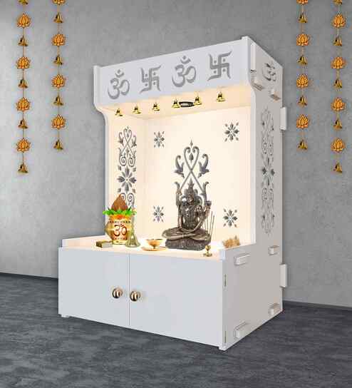 White Finish OM Swastika Symbol of Hindu Religious Floor Temple with Spacious Wooden Shelf & Inbuilt Focus Light