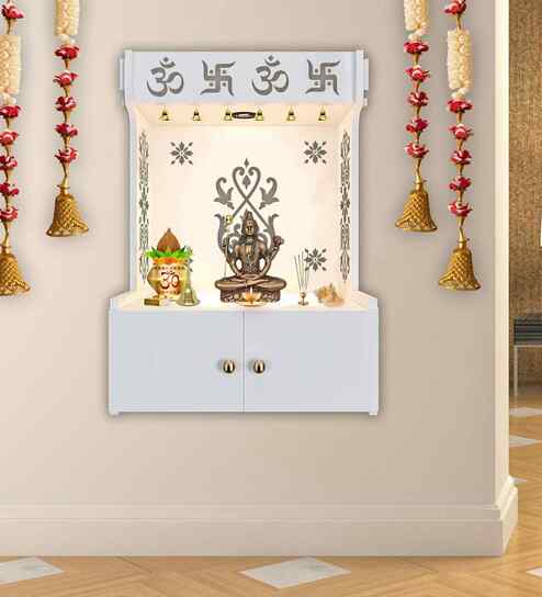 OM Swastika Symbol of Hindu Religious White Wooden Wall Temple for Home With Inbuilt focus Lights & Spacious Shelf