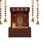 OM Swastika Symbol of Hindu Religious Brown Wooden Wall Temple for Home With Inbuilt focus Lights & Spacious Shelf