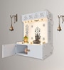 OM Swastika Symbol of Hindu Religious White Wooden Wall Temple for Home With Inbuilt focus Lights & Spacious Shelf