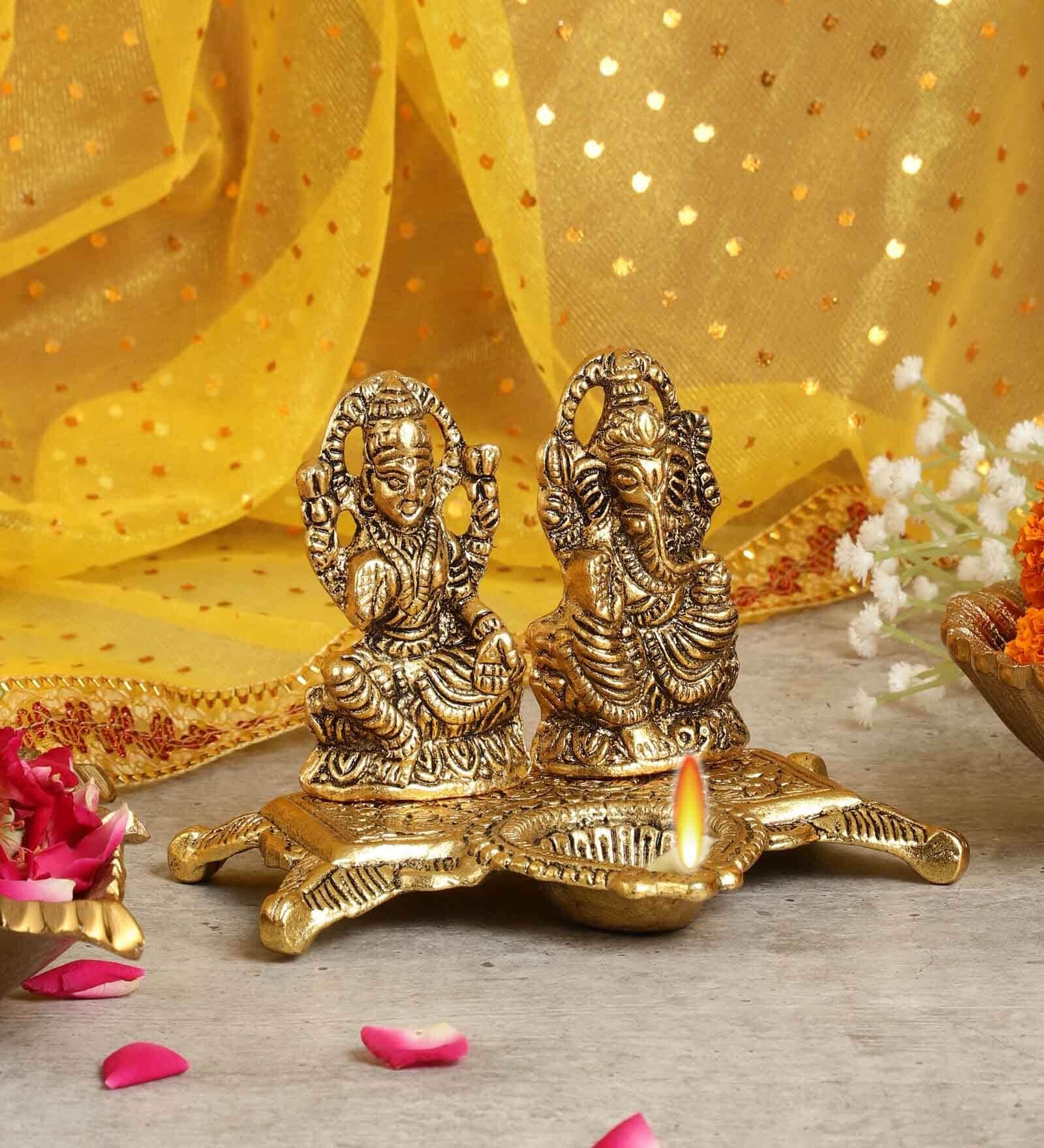 Goddess Laxmi Ganesh Gold Aluminium Diya