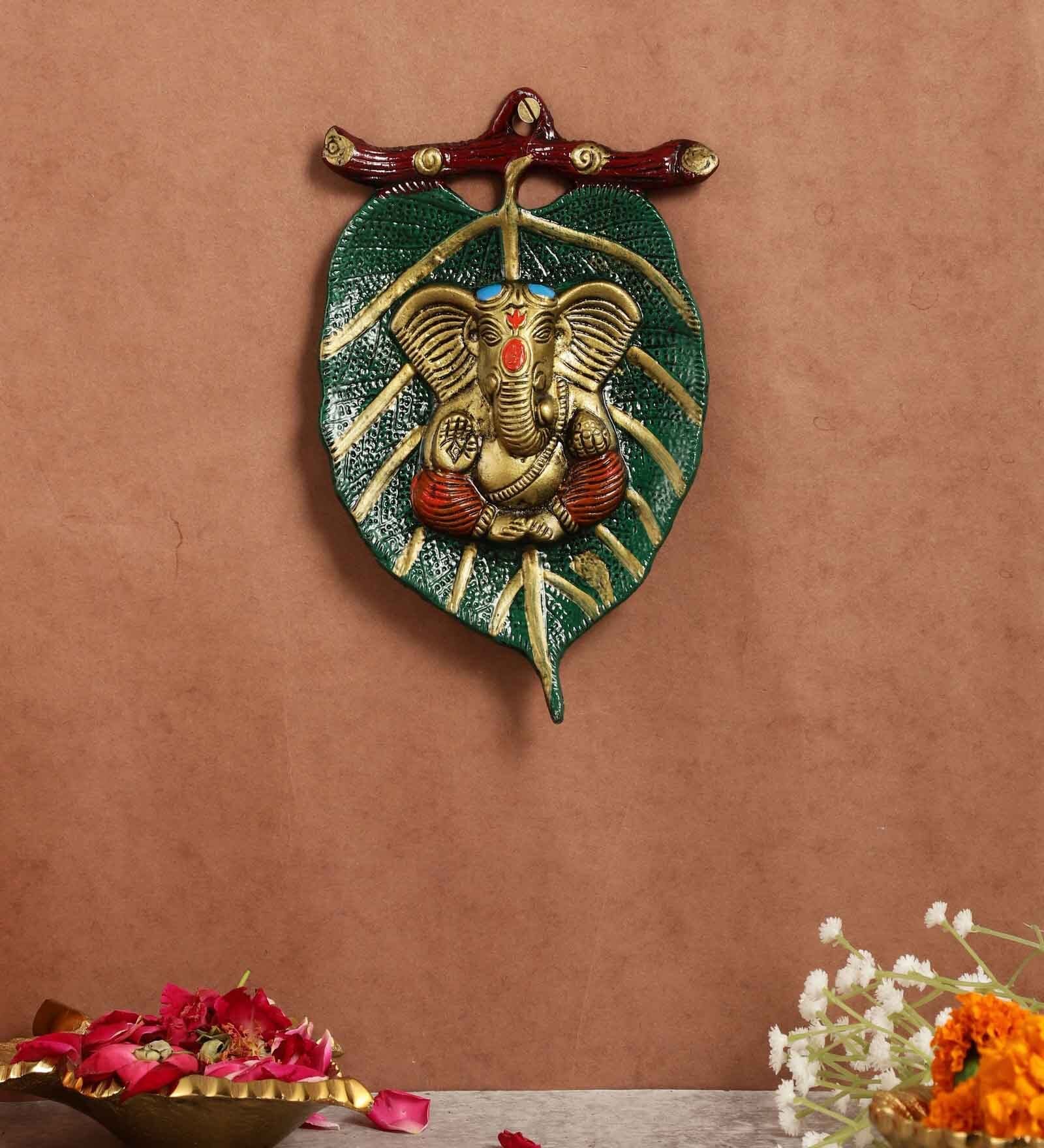 Lord Ganesha Green & Gold Aluminium Wall Hanging