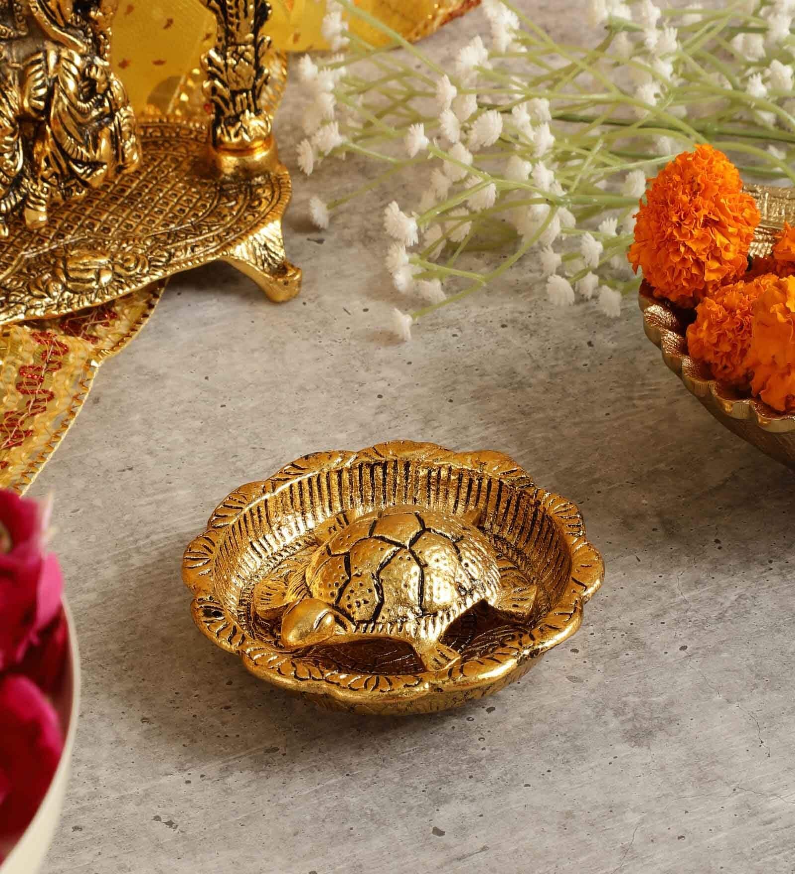 Turtle On Vastu Plate Gold Aluminium Feng Shui