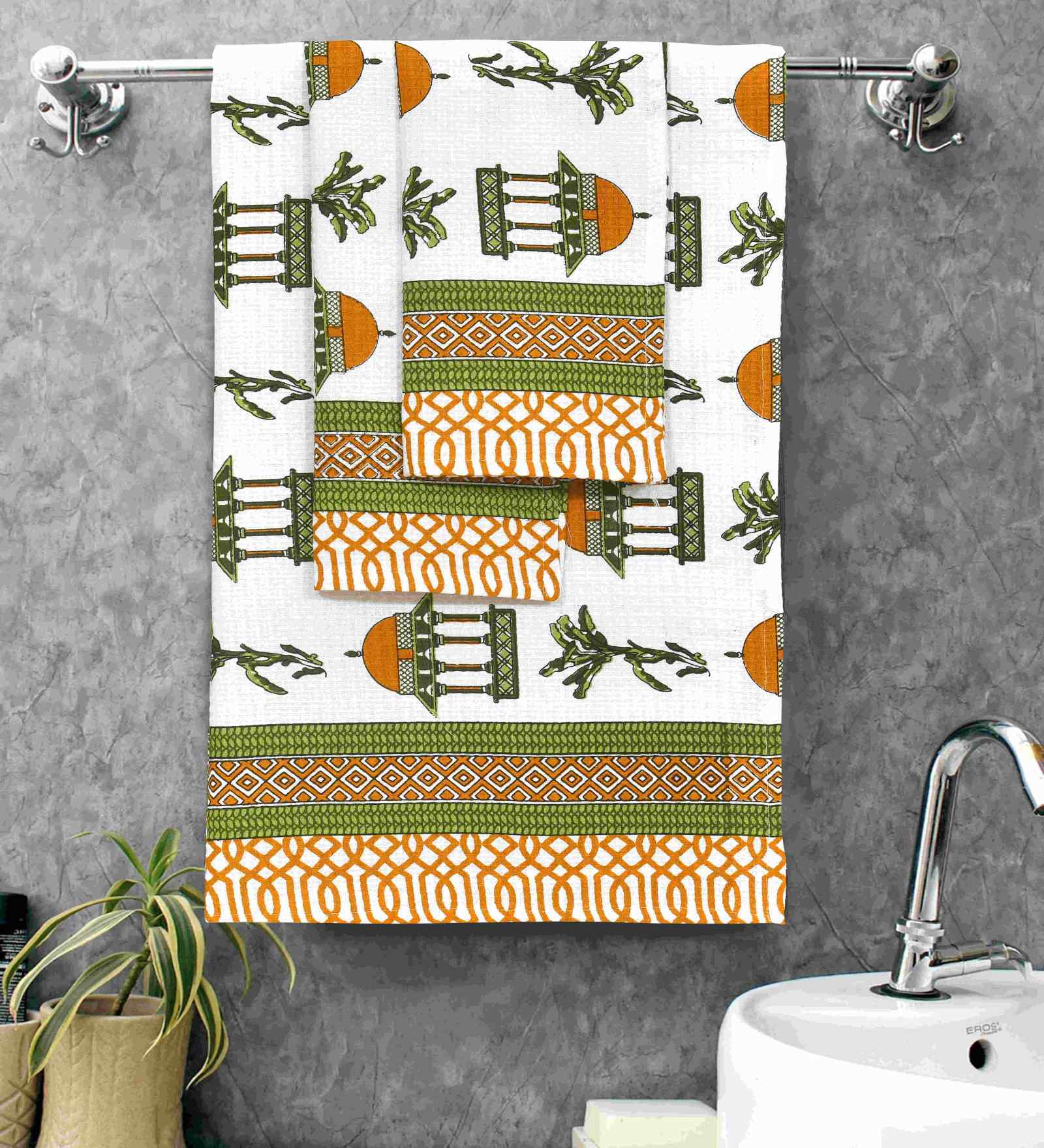 Online Lime Madhuban Floral Waffle Cotton 250 GSM Bath & Hand Towel Set