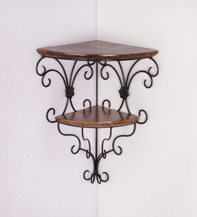 Buy Solid Wood Corner Wall Shelf in Brown Colour by