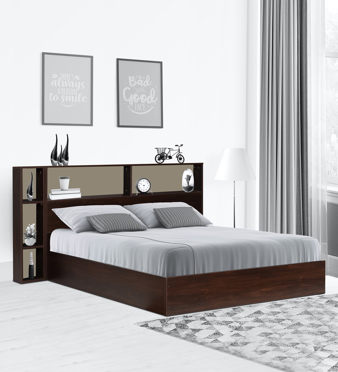 Buy Opal Queen Size Bed With Box Storage in Walnut Finish by Trevi
