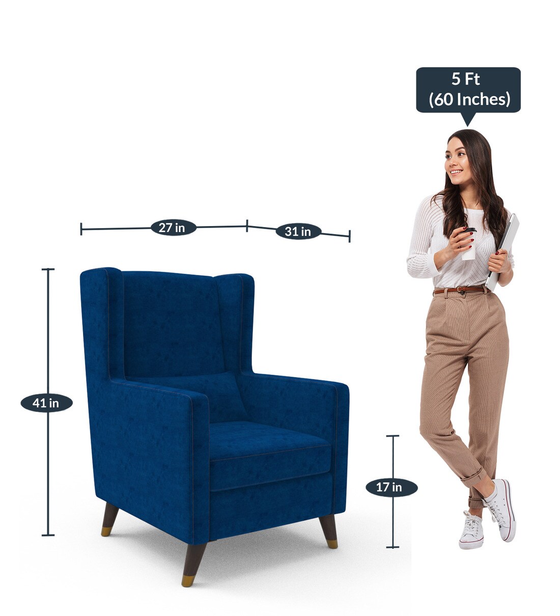 Buy Opulence Fabric Wing Chair in Blue Colour by Trevi Furniture Online