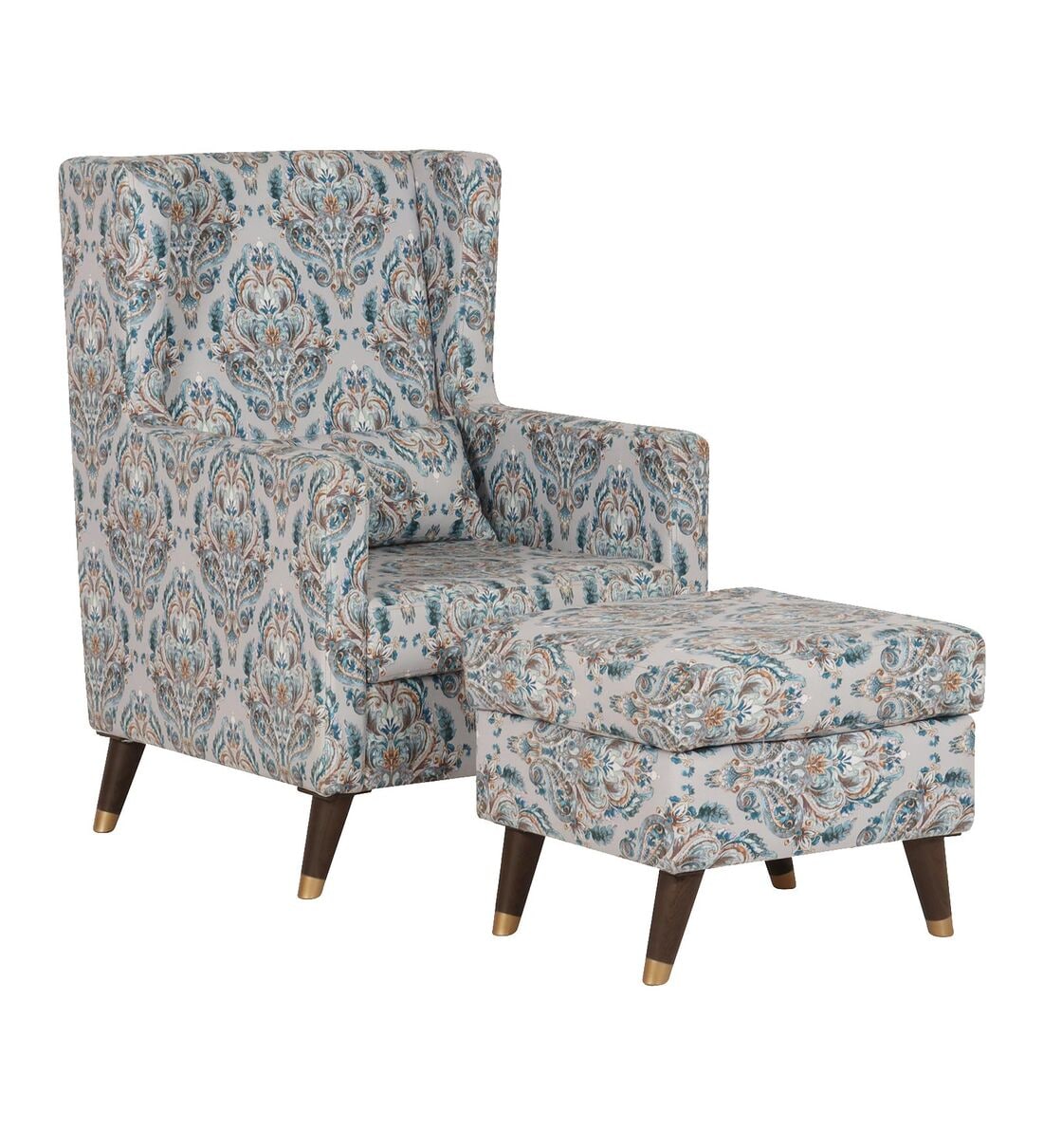 Buy Opulence Fabric Wing Chair with Ottoman in Grey Multi Colour