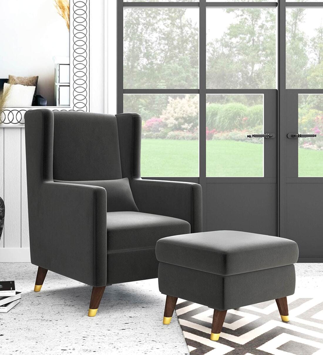 grey wingback chair with ottoman