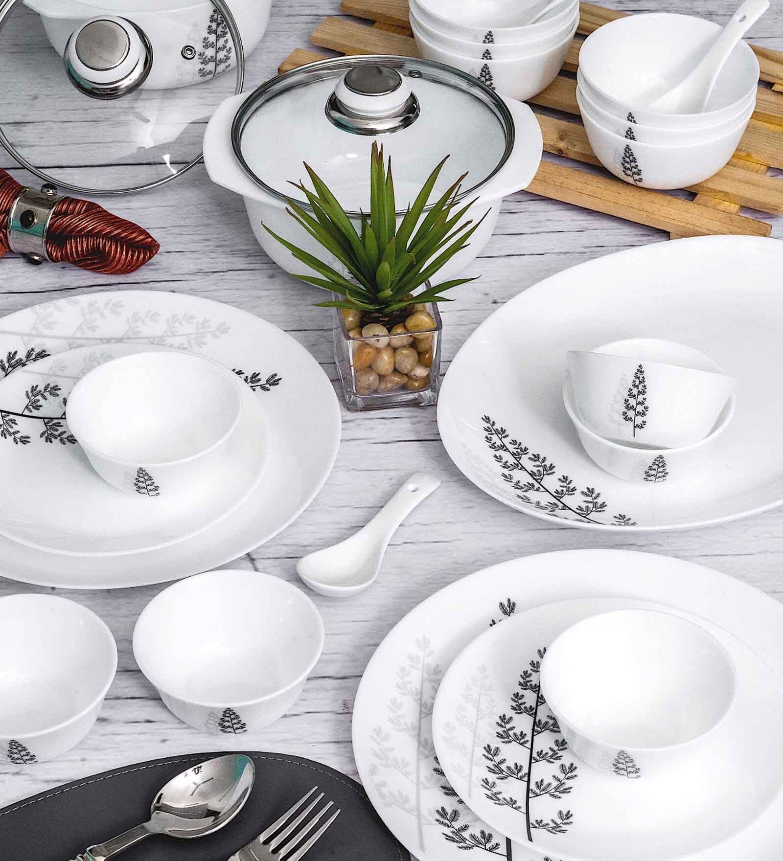 Opal 35pcs Dinner Set of 6pcs Dinner Plate, 6pcs Quarter Plate, 6pcs Veg. Bowl, 6pcs Soup Bowl, 6pcs Spoon, 2+2pcs Casserole with Lid, 1pc Oval Platter.