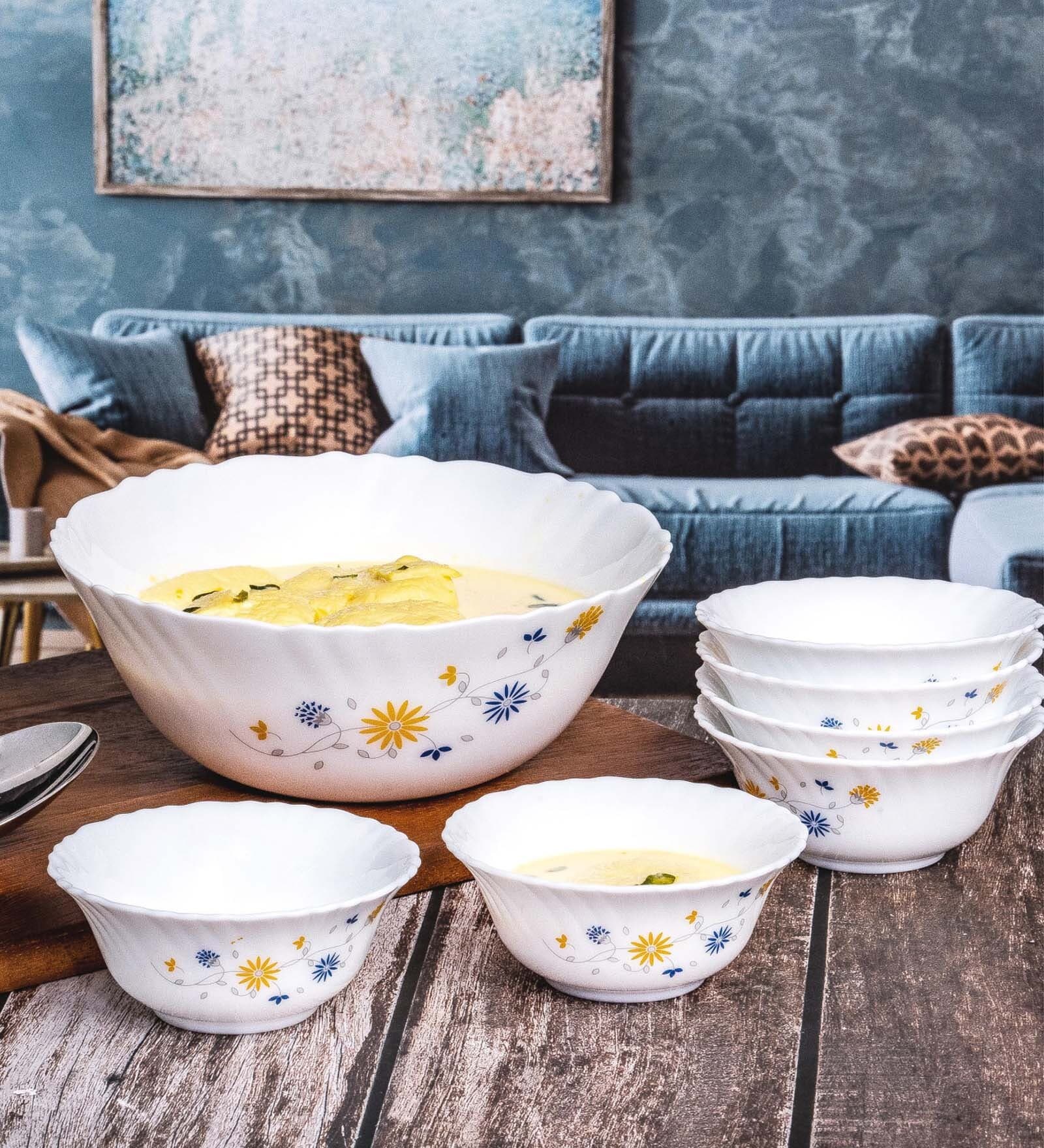 Opal Glass 7pcs Dessert Set of 6pcs Veg. Bowl & 1pcs Serving Bowl.