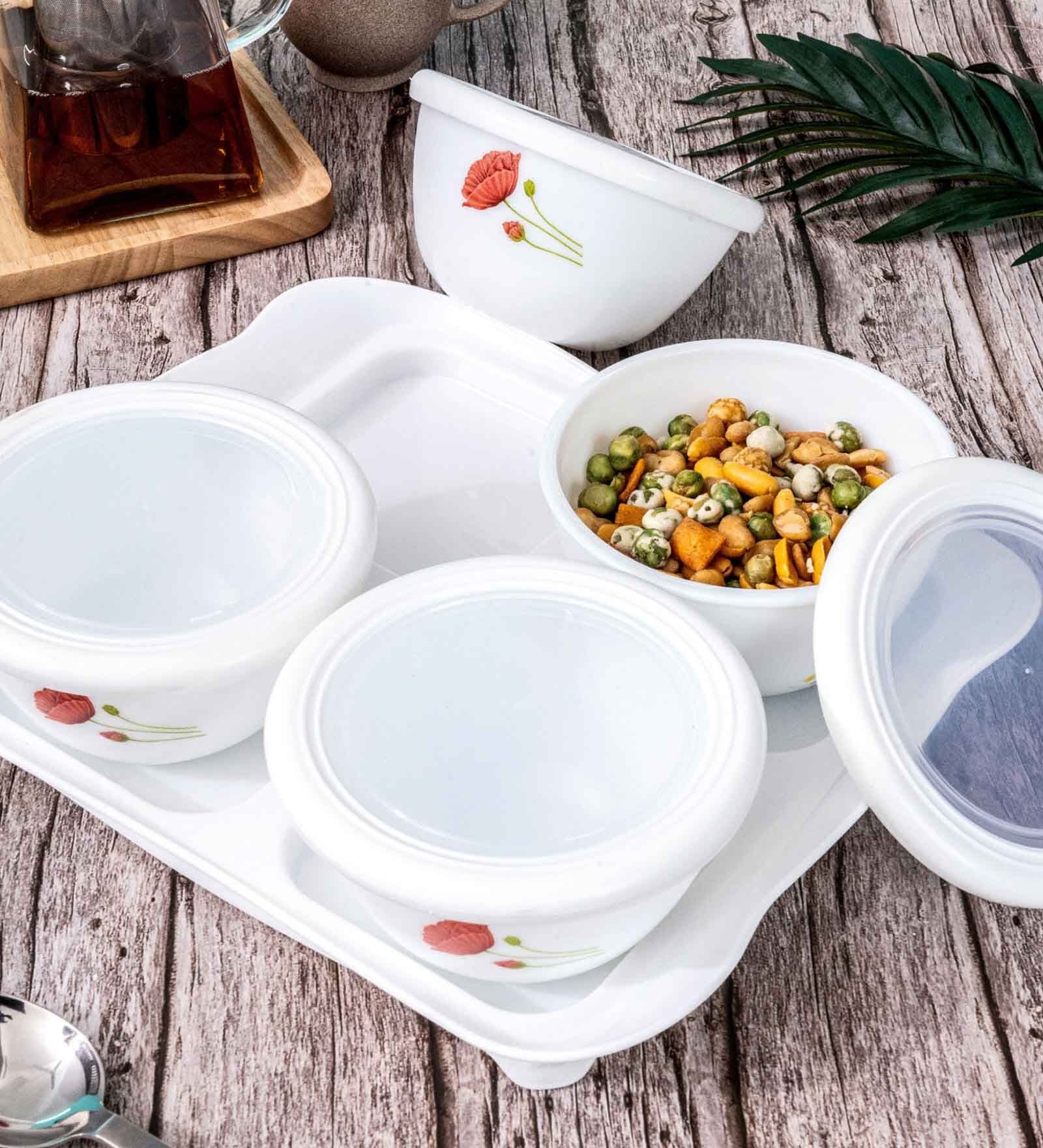 Opal Glass 9pcs Tiffany Dry Fruit Set of 4pcs Storage Bowl, 4pcs Lid & 1pc Plastik Tray