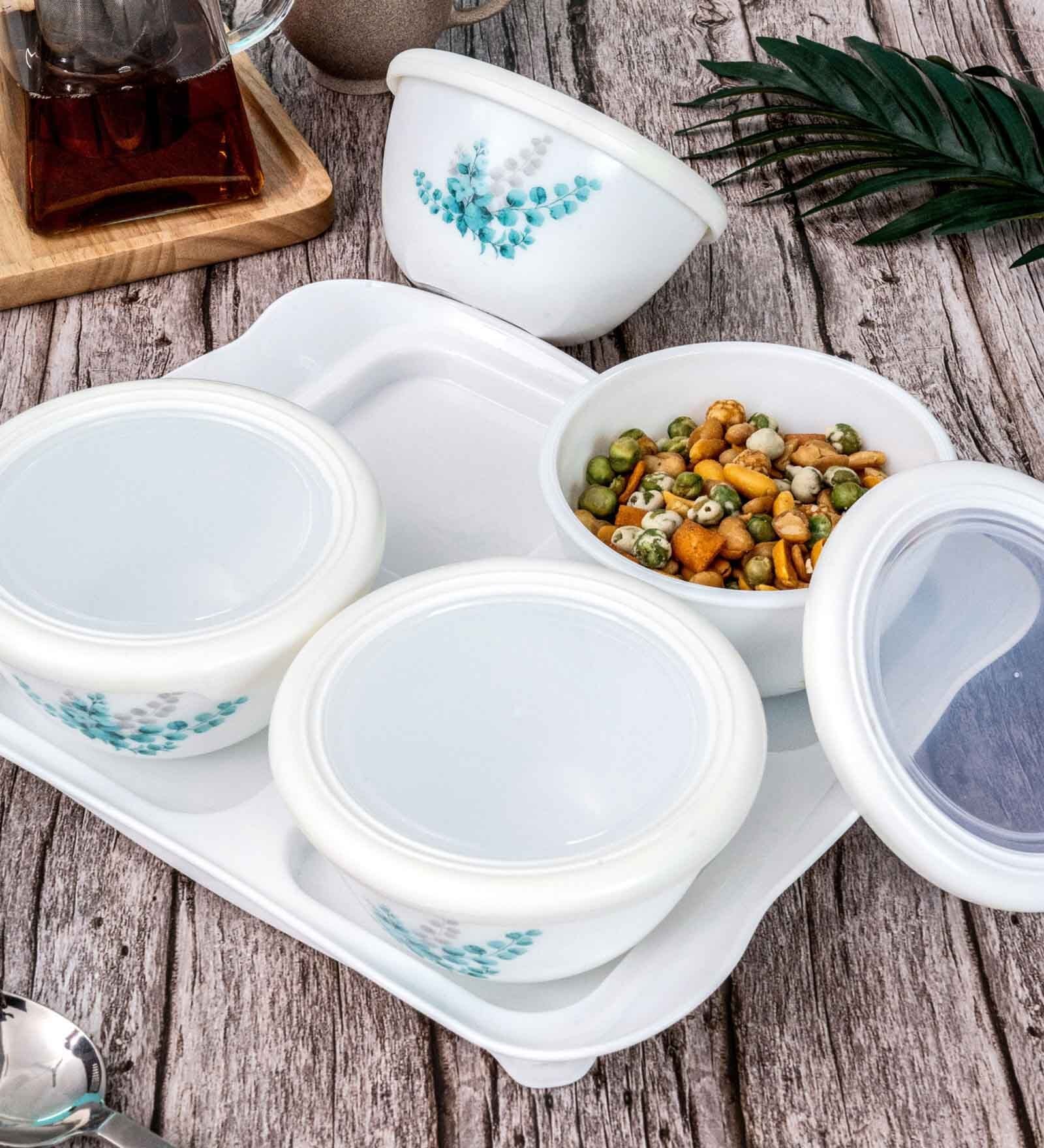 Opal Glass 9pcs Tiffany Dry Fruit Set of 4pcs Storage Bowl, 4pcs Lid & 1pc Plastik Tray