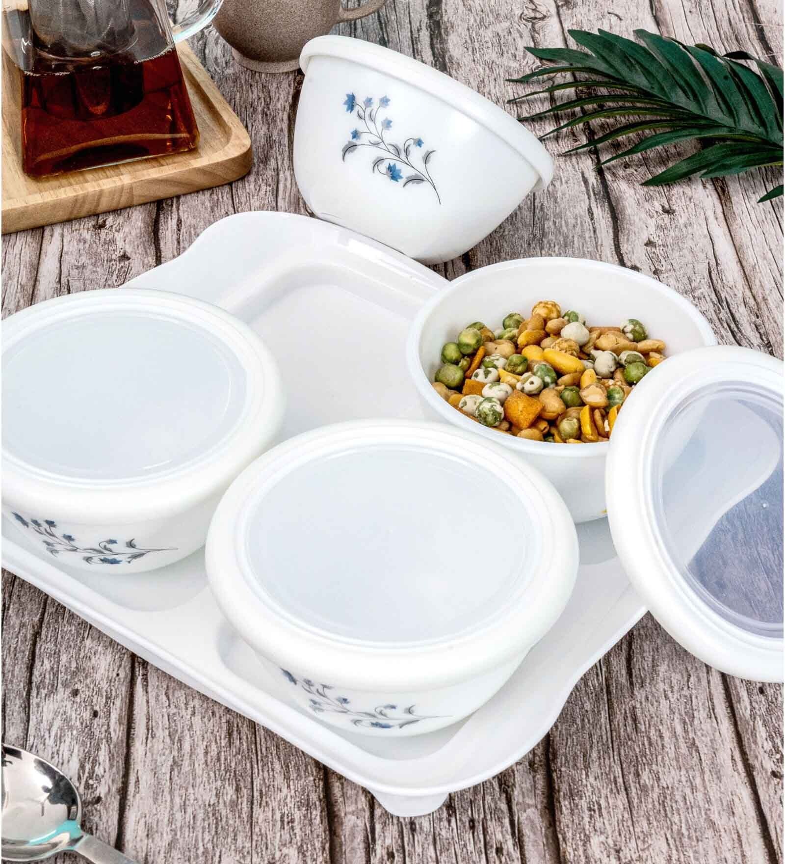 Opal Glass 9pcs Tiffany Dry Fruit Set of 4pcs Storage Bowl, 4pcs Lid & 1pc Plastik Tray