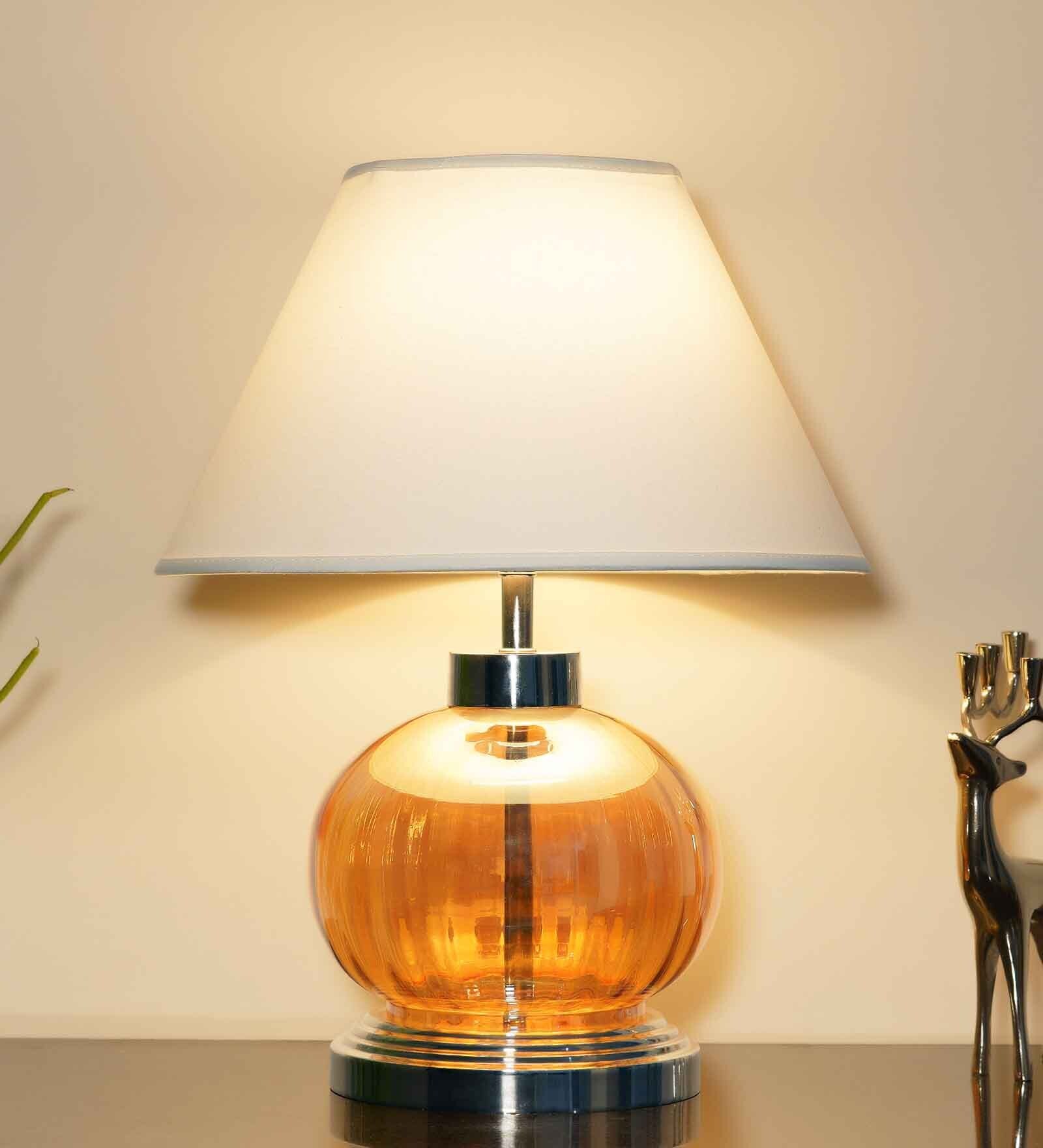 Midwest White Cotton Shade Night Lamp With Metal & Glass Base