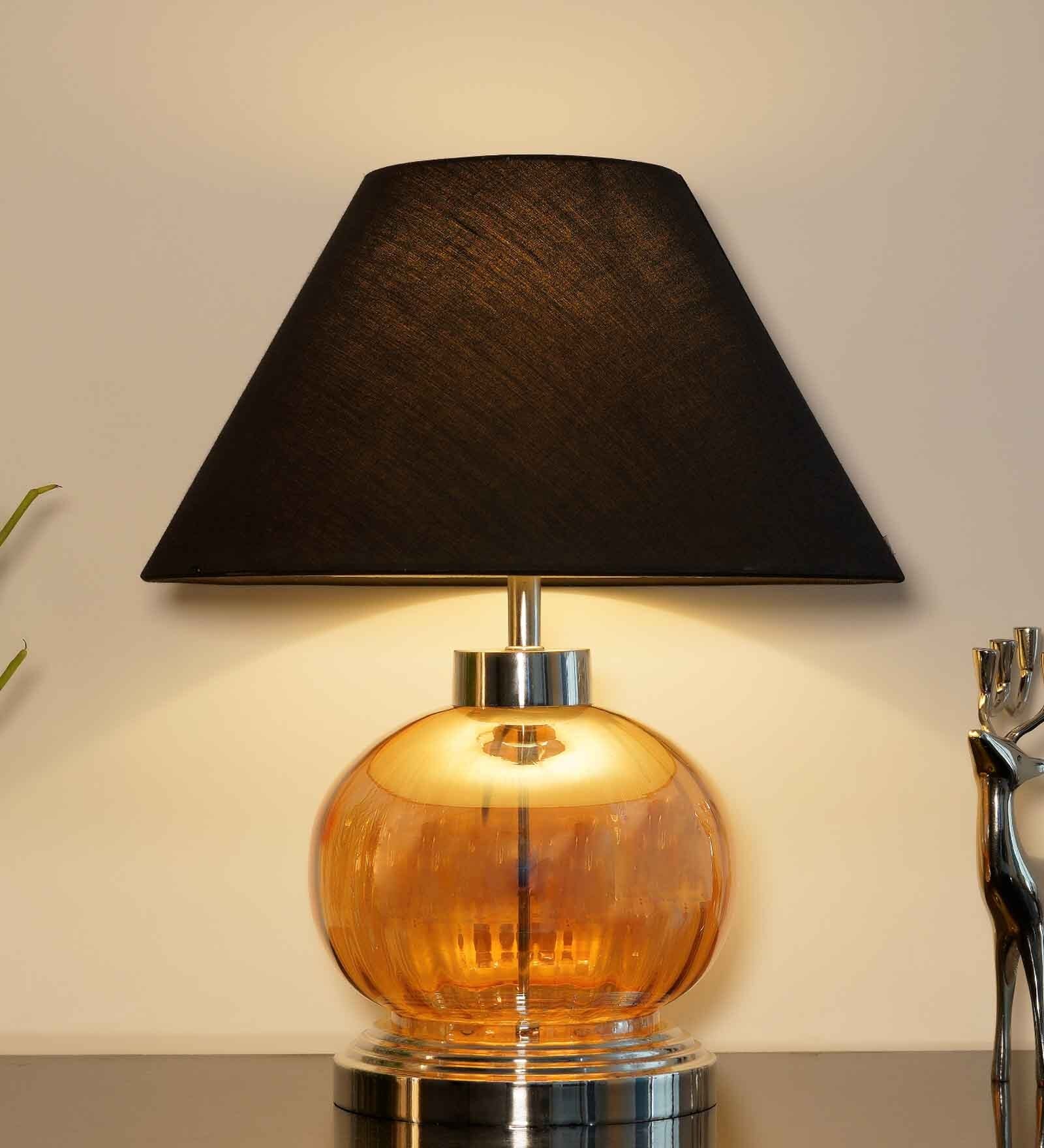 Amalia Black Cotton Shade Night Lamp With Metal & Glass Base