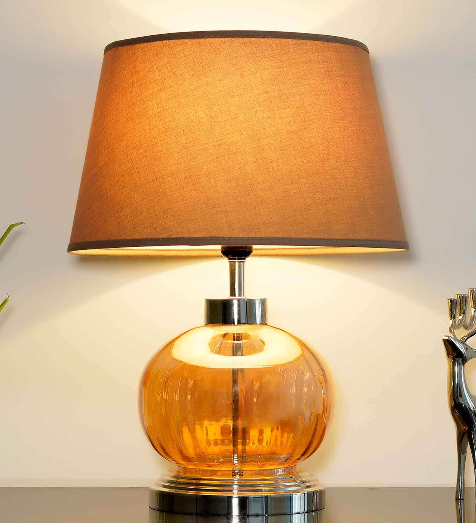 Alice Beige Cotton Shade Night Lamp With Metal & Glass Base