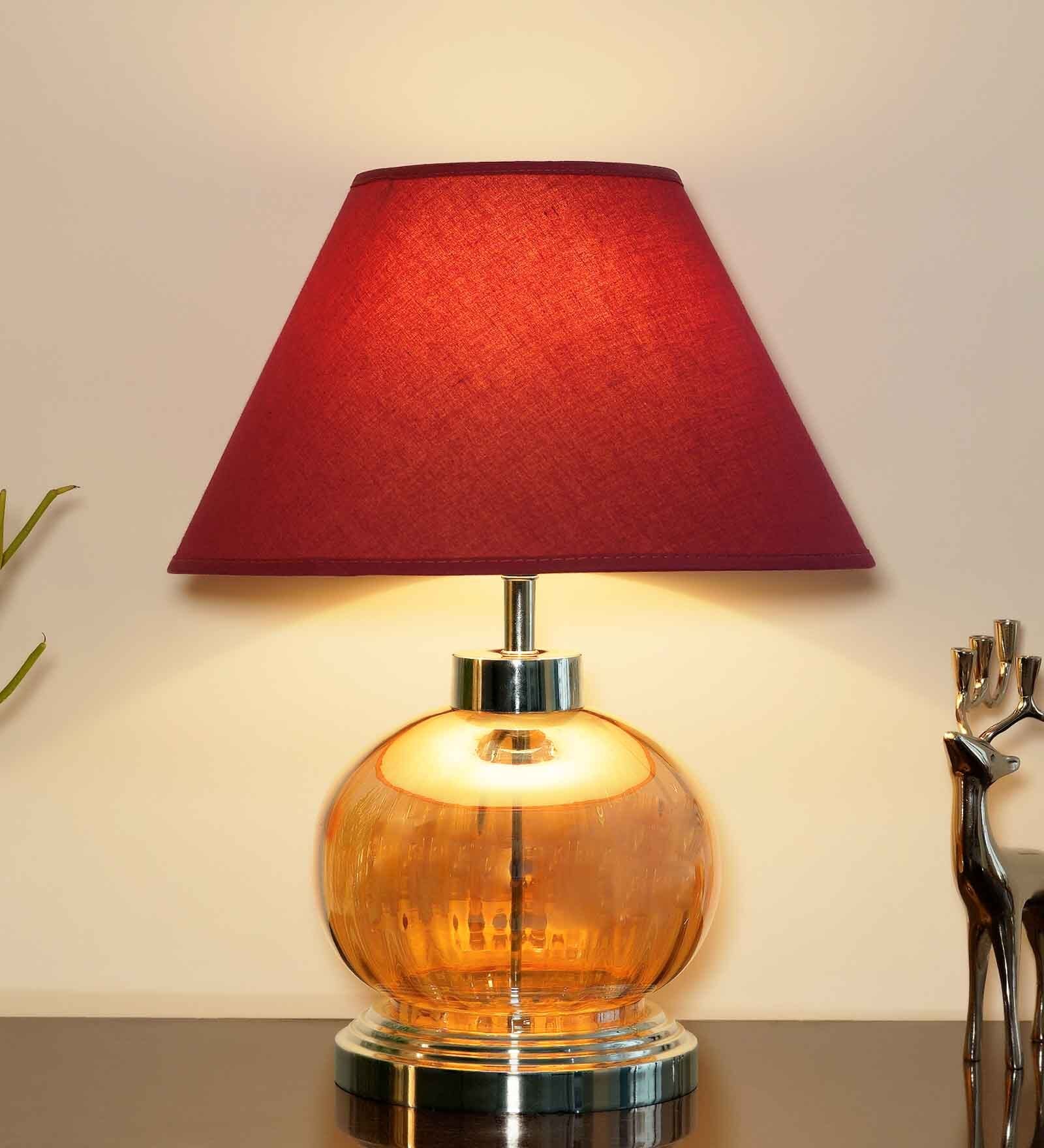 Desmond Maroon Cotton Shade Night Lamp With Metal & Glass Base