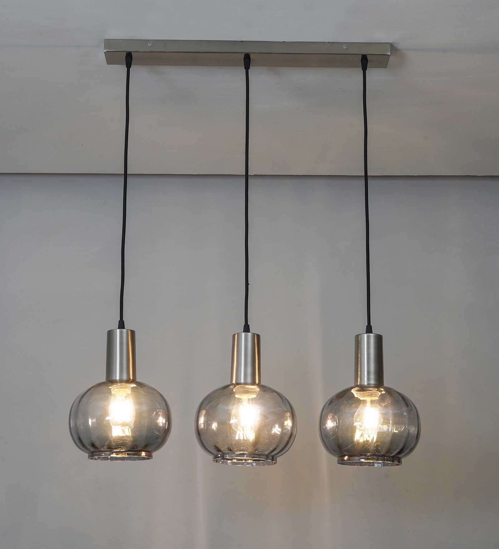 Opaline Globe Linear Cluster Hanging Pendant Light In Smoke Glass And Chrome Finish Metal