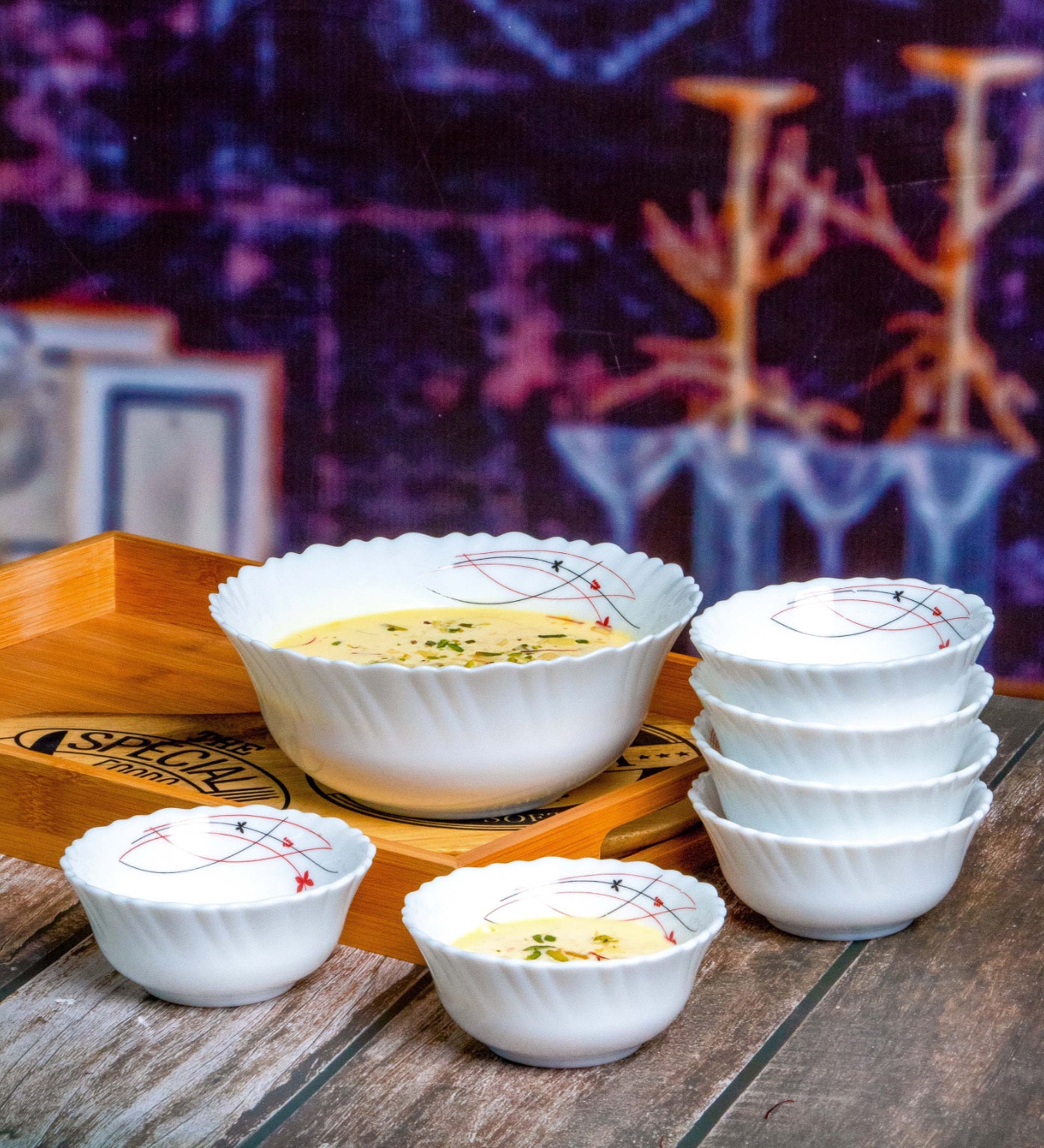 Opalware Pudding Bowl Set (Set of 6pcs Small Bowl & 1pc Large Bowl)