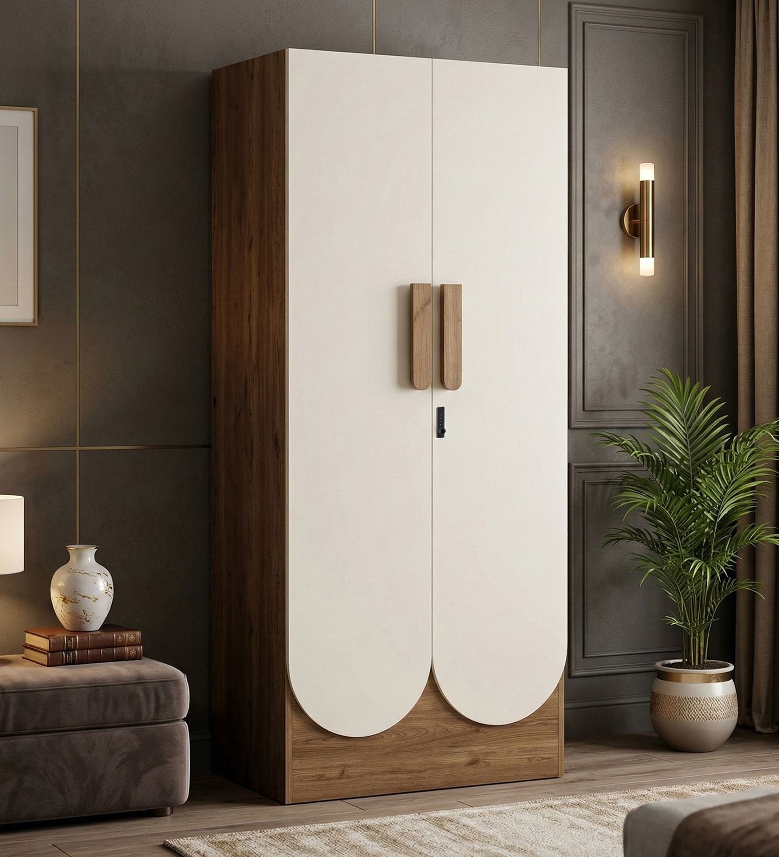 Opera Luxury 2 Door Wardrobe With Hidden Storage & Locker In Light Walnut & Frosty White Colour