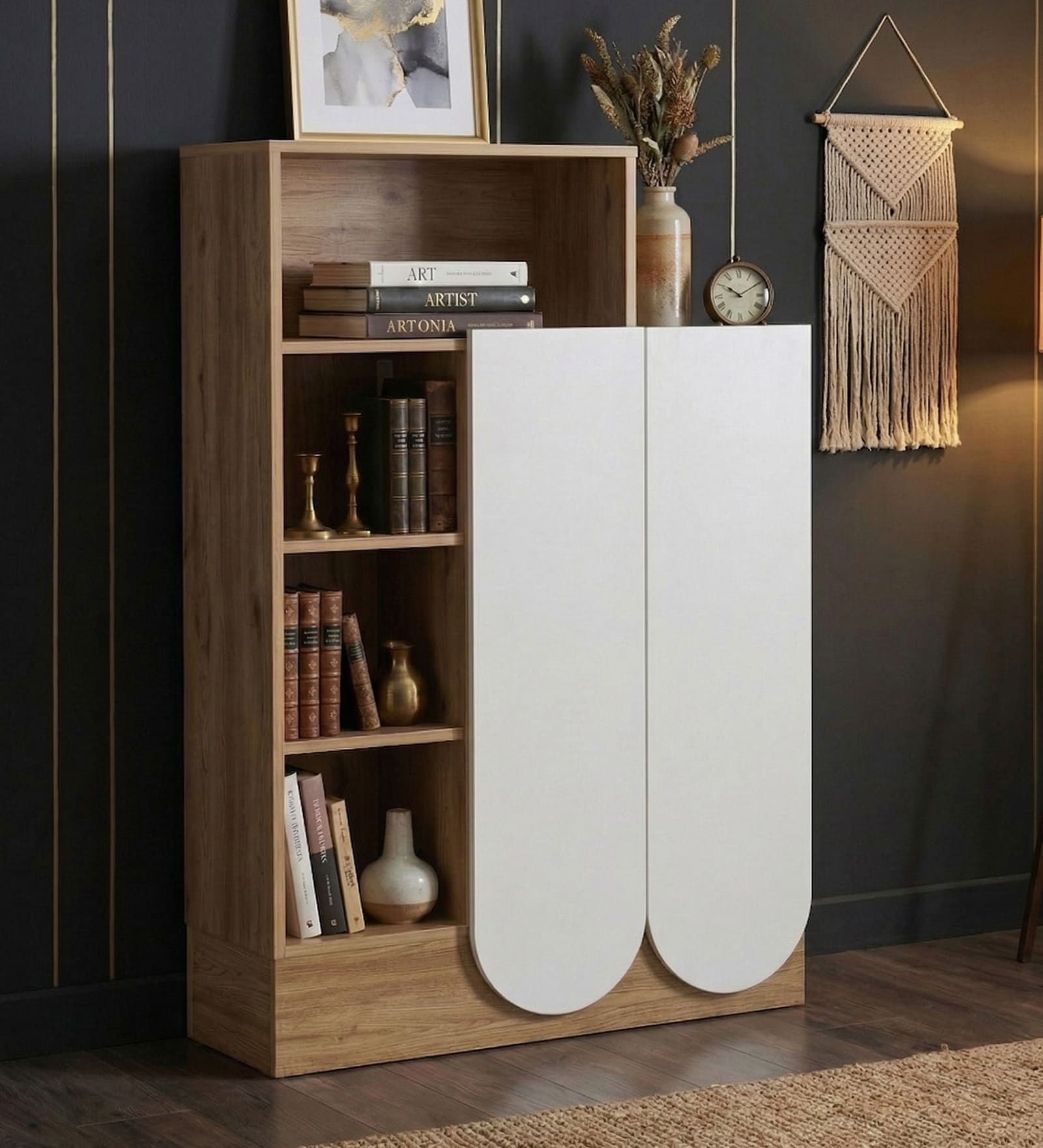Opera Bookcase In Light Walnut & Frosty White Colour Opera Bookcase In Light Walnut & Frosty White Colour