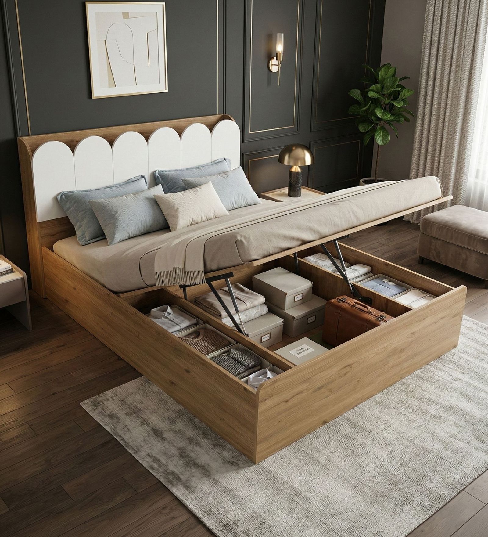 Opera King Size Bed With Headboard & Hydraulic Storage Bed In Light Walnut & Frosty White Colour
