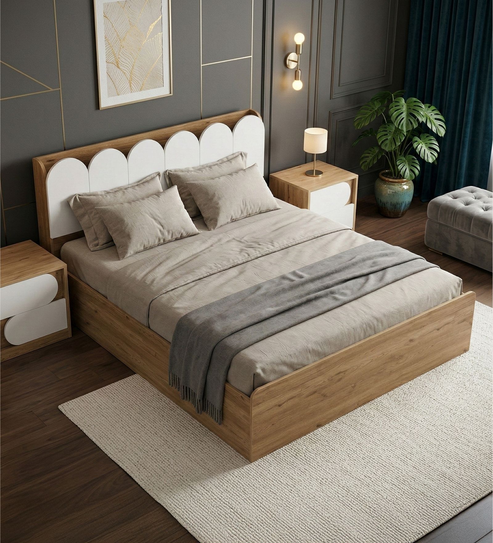 Opera Luxury Queen Size Bed With Headboard & Hydraulic Storage Bed In Light Walnut & Frosty White Colour