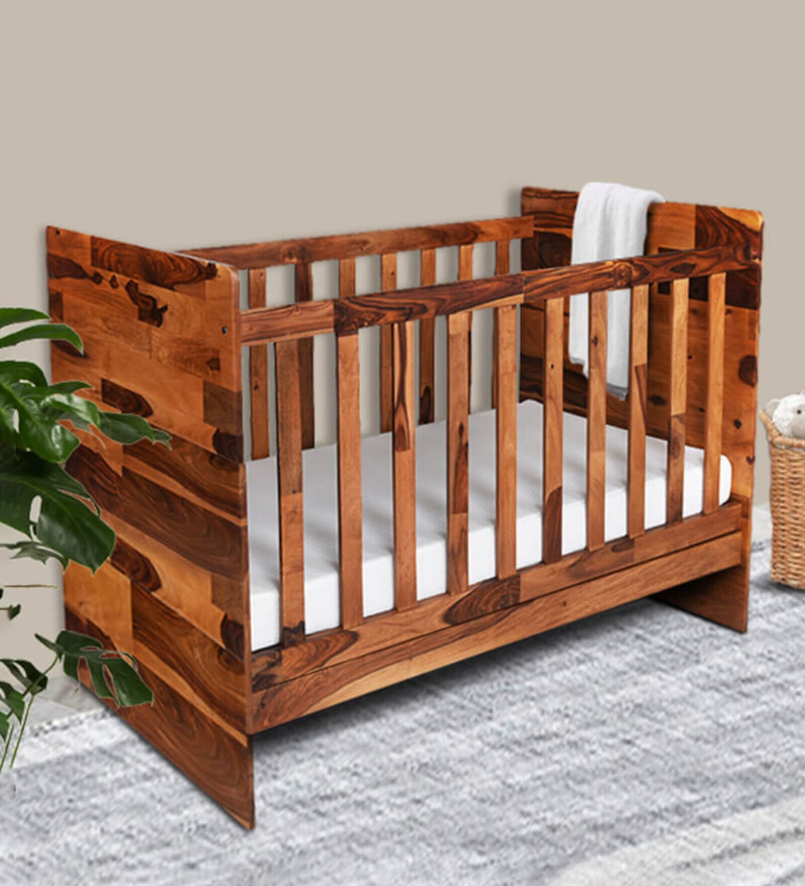 Optimus 3-in-1 Sheesham Wood Crib-cum-Bed-cum-Sofa In Natural Finish