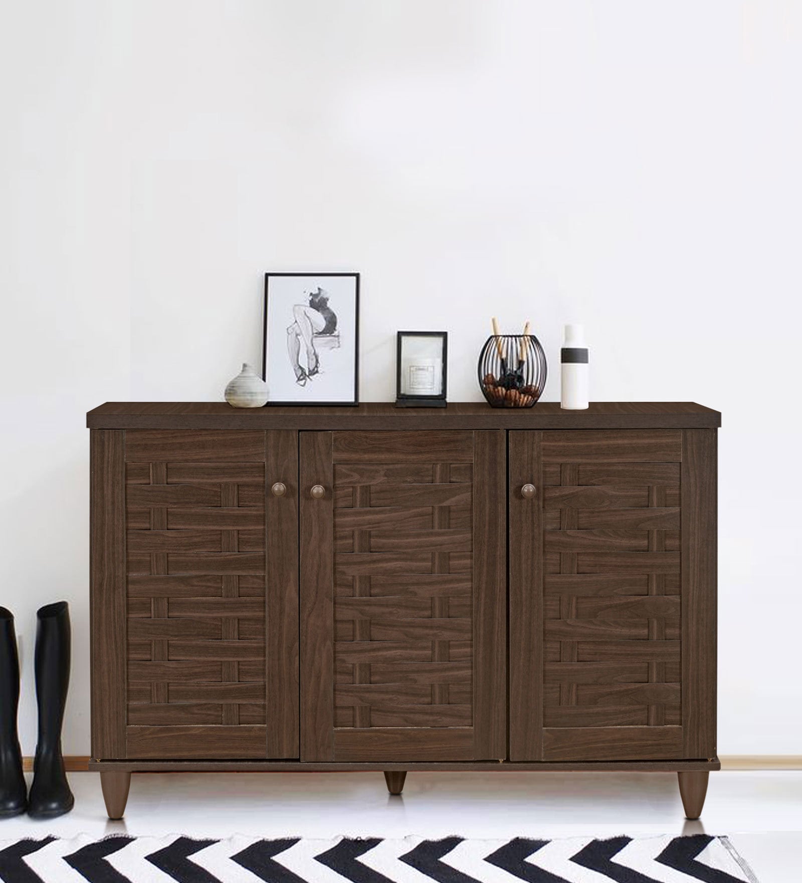 Optio Three Door Shoe Cabinet in Walnut Colour Optio Three Door Shoe Cabinet in Walnut Colour