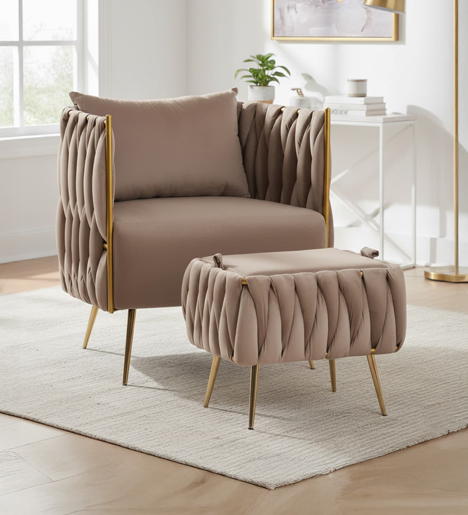 Opulent Majesty Velvet Fabric Barrel Chair With Ottoman Footrest In Brown Colour