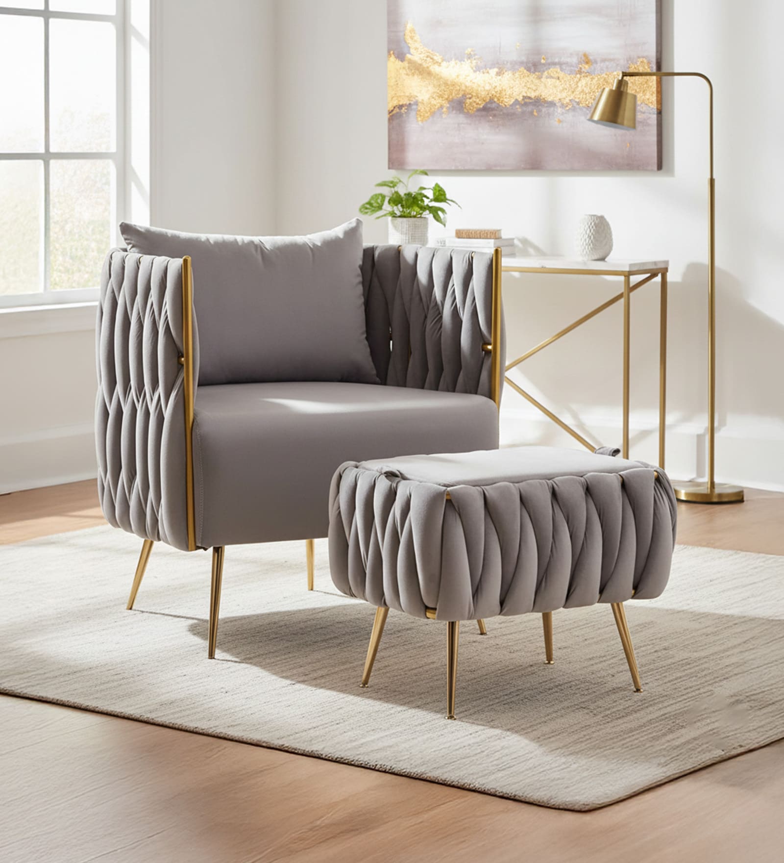 Opulent Majesty Velvet Fabric Barrel Chair With Ottoman Footrest In Grey Colour