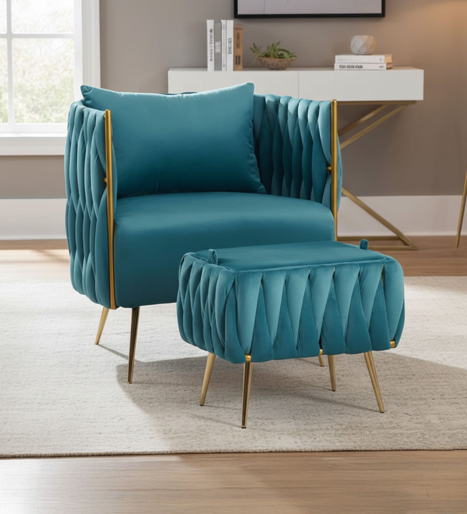 Opulent Majesty Velvet Fabric Barrel Chair With Ottoman Footrest In Teal Colour