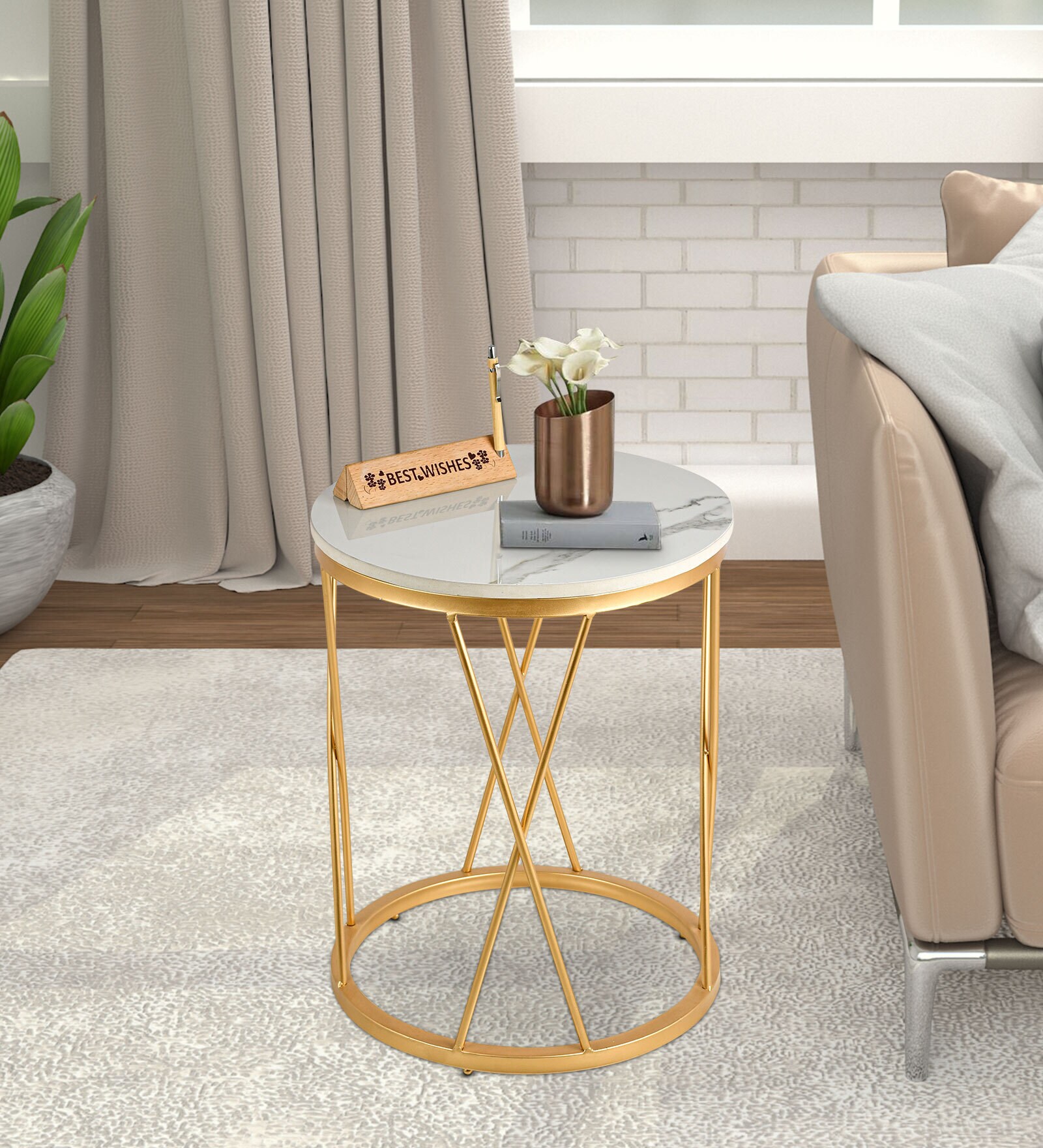Opulent Marble End Table In Golden Finish