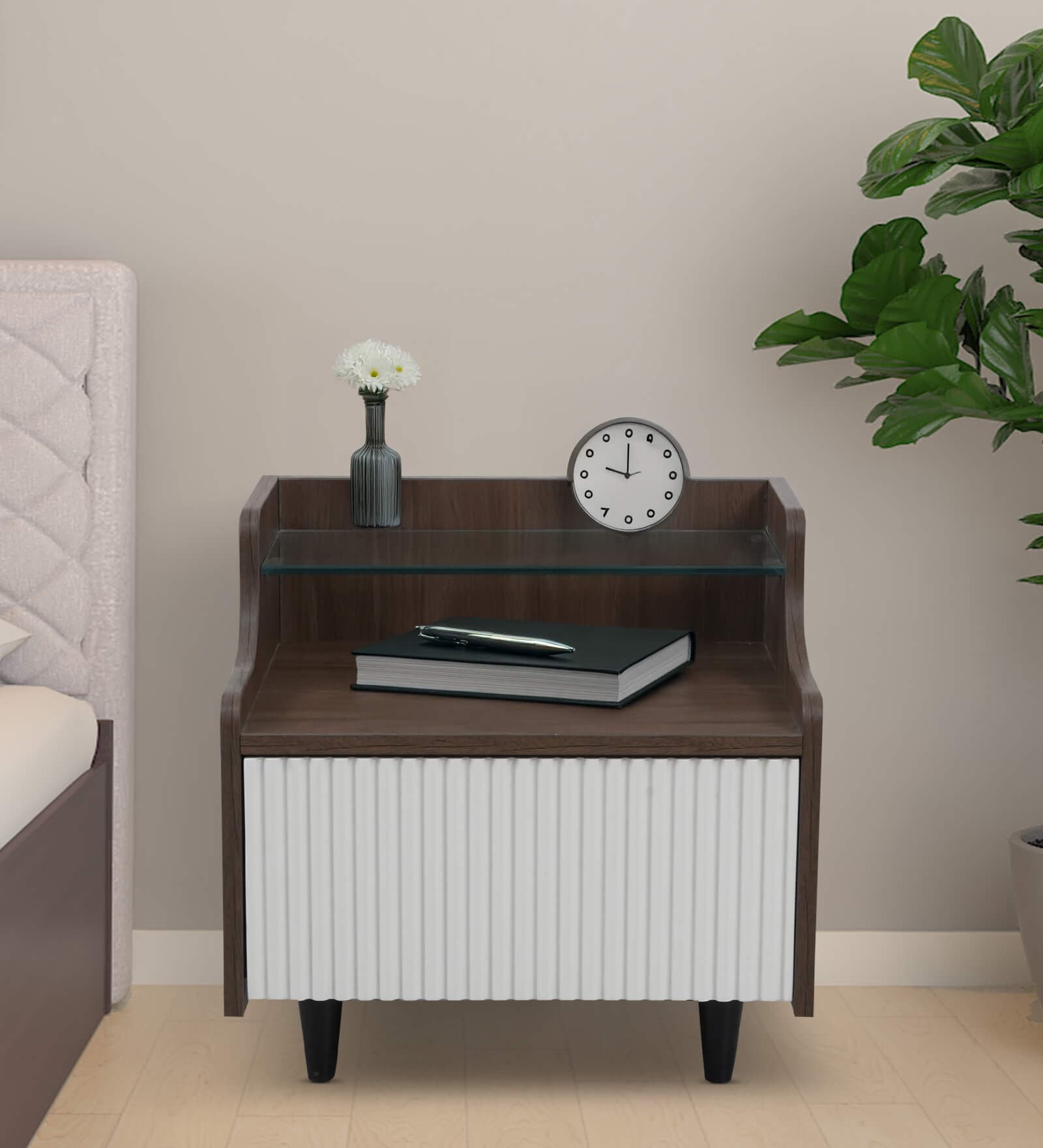 Opulon Bedside Table In SprIng Walnut & Frosty White Glossy Color