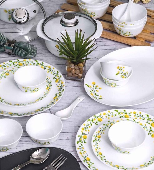 Opal 35pcs Dinner Set of 6pcs Dinner Plate, 6pcs Quarter Plate, 6pcs Veg. Bowl, 6pcs Soup Bowl, 6pcs Spoon, 2+2pcs Casserole with Lid, 1pc Oval Platter.