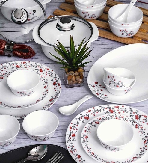 Opal 35pcs Dinner Set of 6pcs Dinner Plate, 6pcs Quarter Plate, 6pcs Veg. Bowl, 6pcs Soup Bowl, 6pcs Spoon, 2+2pcs Casserole with Lid, 1pc Oval Platter.