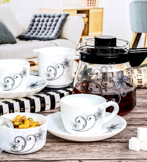 Opal Glass 15pcs Tea Set of 6pcs Cup, 6pcs Saucer, 1pc Clear Glass Crafe, 1pc Milk Mug & Sugar Pot)