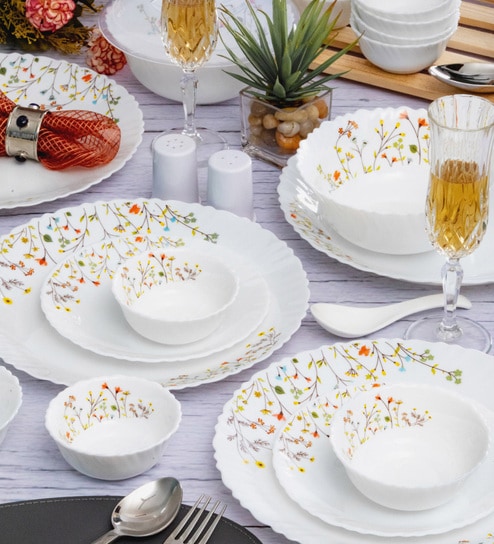 Opalware Dinner Set with Print (Set of 6pcs Dinner Plate, 6pcs Quarter Plate, 6pcs Veg. Bowl, 6pcs Soup Bowl, 1pc Round Platter, 2pcs Salt & Pepper, 2pcs Serving Bowl & 2pcs Lid)