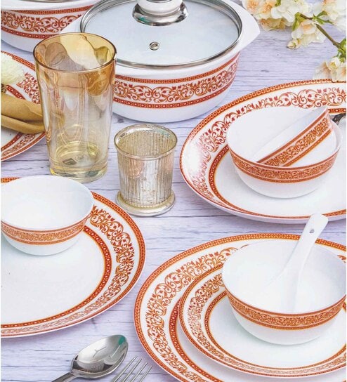 Opalware Dinner Set with Print (Set of 6pcs Dinner Plate, 6pcs Quarter Plate, 6pcs Veg. Bowl, 6pcs Soup Bowl, 6pcs Spoons, 1pc Oval Platter, 2pcs Casserole & 2pcs Glass Lid)