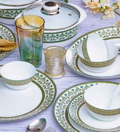 Opalware Dinner Set with Print (Set of 6pcs Dinner Plate, 6pcs Quarter Plate, 6pcs Veg. Bowl, 6pcs Soup Bowl, 6pcs Spoons, 1pc Oval Platter, 2pcs Casserole & 2pcs Glass Lid)