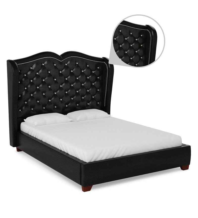 Buy Opulent Leatherette Upholstered Queen Size Bed in Black Colour by