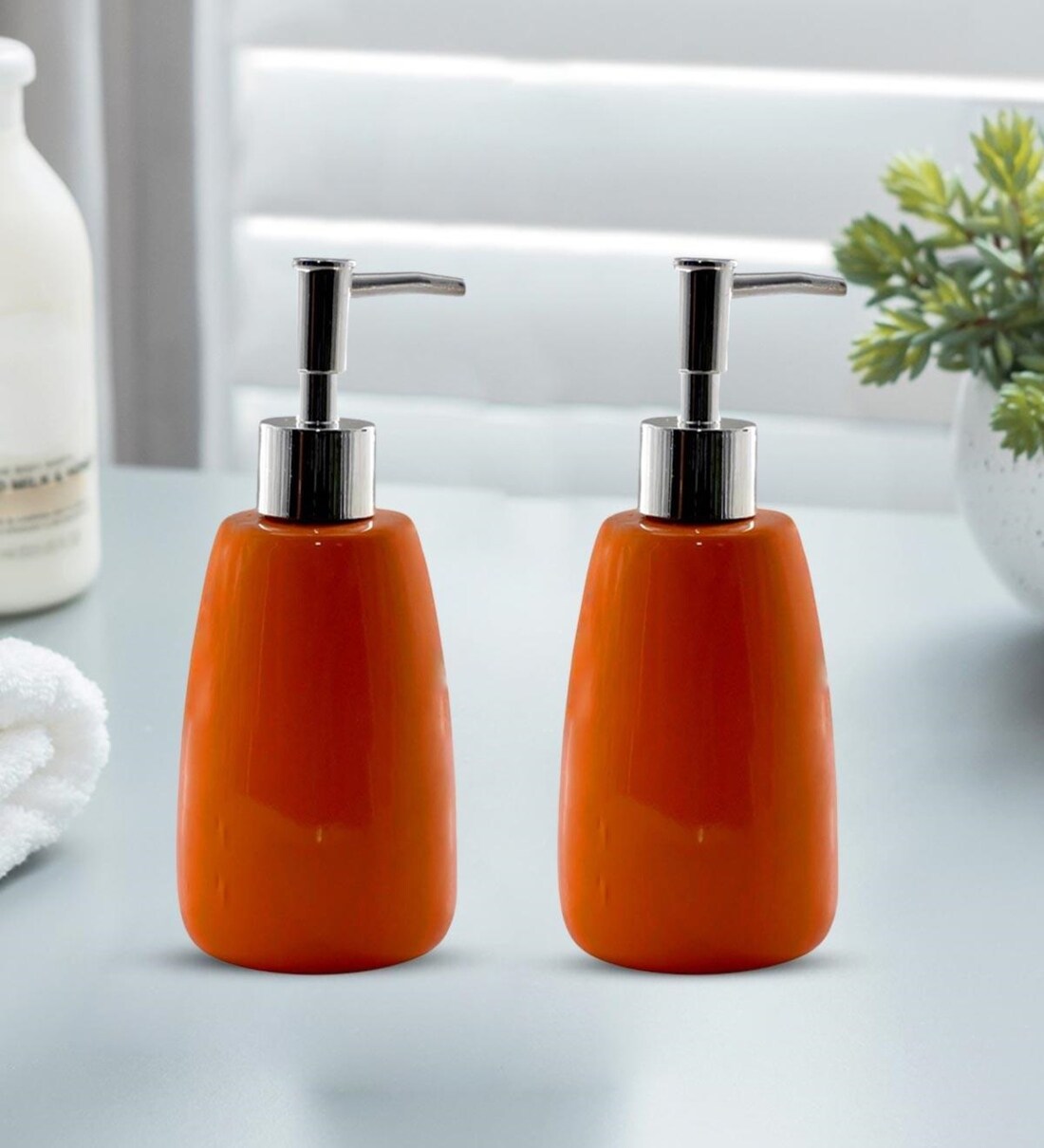 Buy Orange 300 ml Ceramic Liquid Soap Dispenser (Set of 2) by Kookee at 20 OFF by Kookee