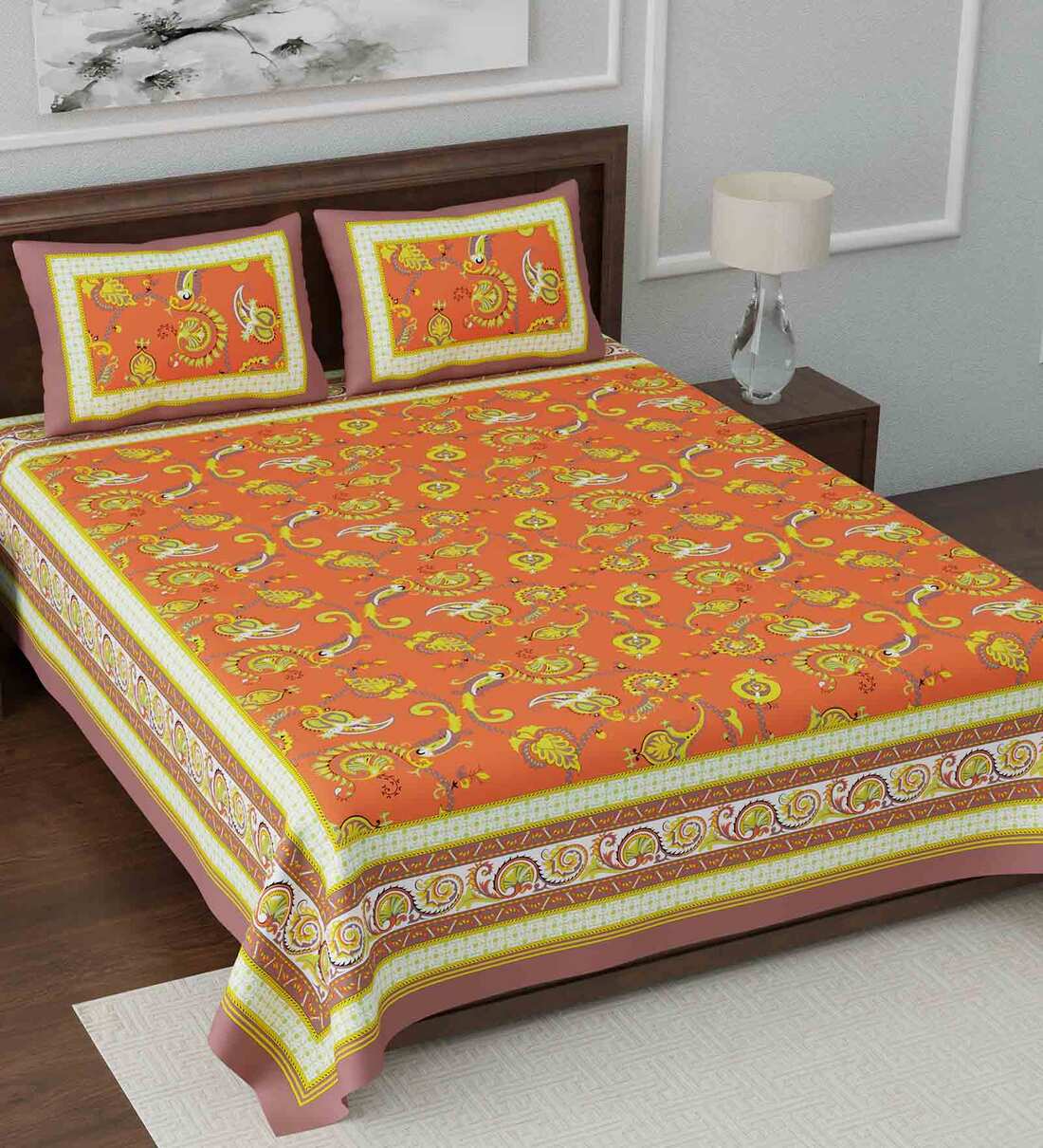 Buy Orange Abstract 108 TC King Size Cotton Bedsheet By Poorak Online