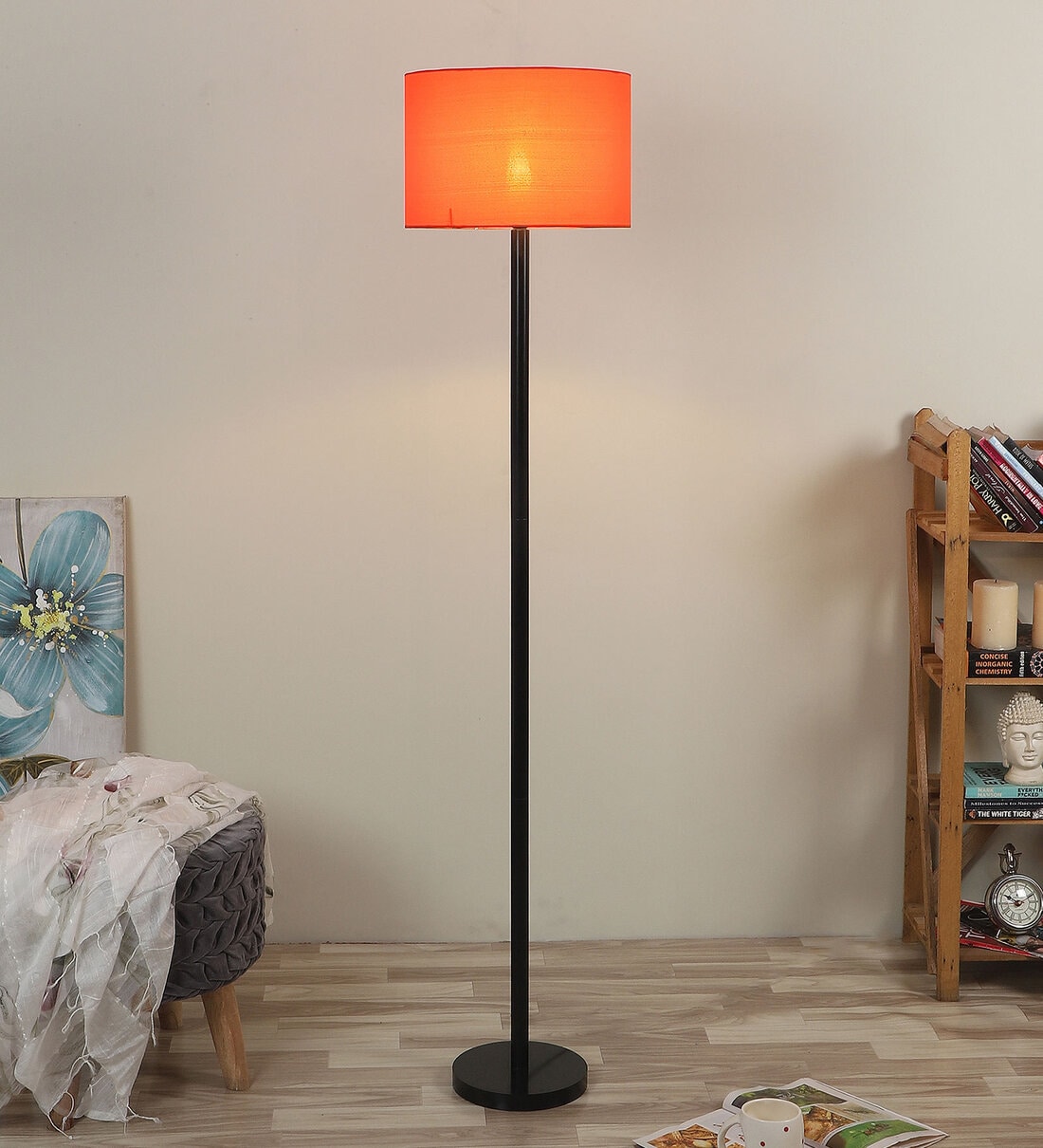 Buy Cherosi Orange Cotton Shade Club Floor Lamp With MDF Base By