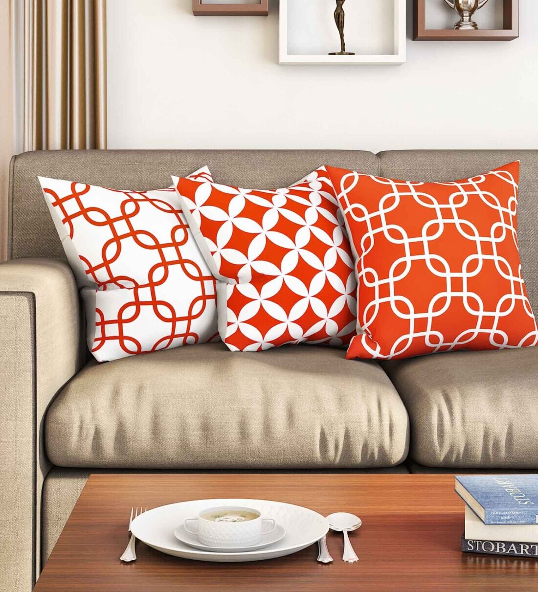 Orange Geometric Premium 16 x 16 Inches Cushion Cover (Set of 3)