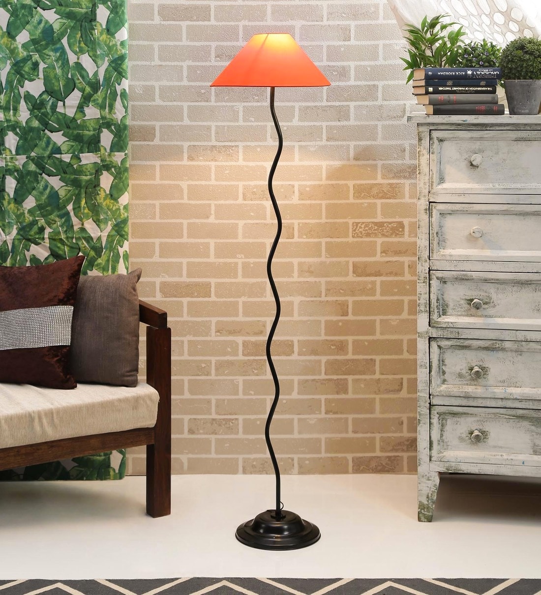Buy Orange Fabric Shade Floor Lamp with Black Base by Tu Casa Online